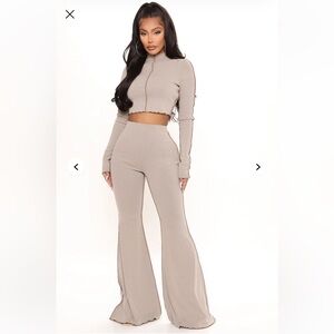 High-Rise Flared Knit Pants and Long Sleeve Top in Taupe